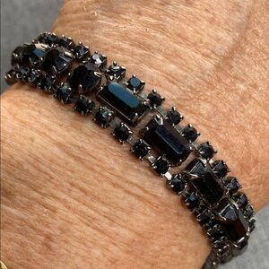 Vintage Black Rhinestone Bracelet 7” Gunmetal Jet Crystal Baguette Statement